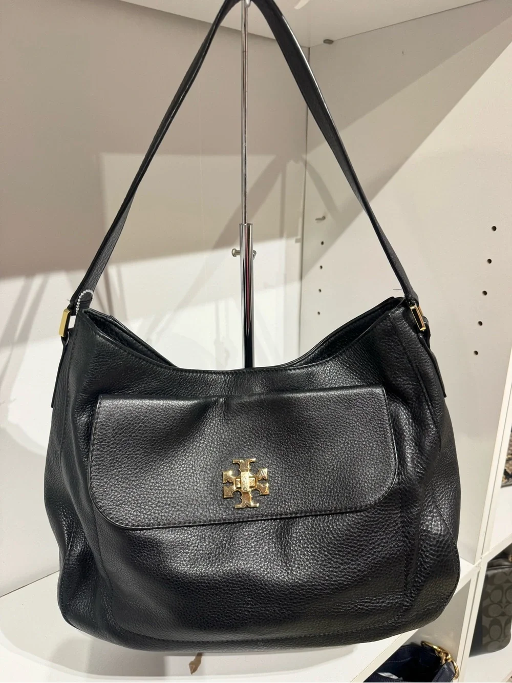Tory Burch Black Pebbled Leather Shoulder Bag with Gold Logo